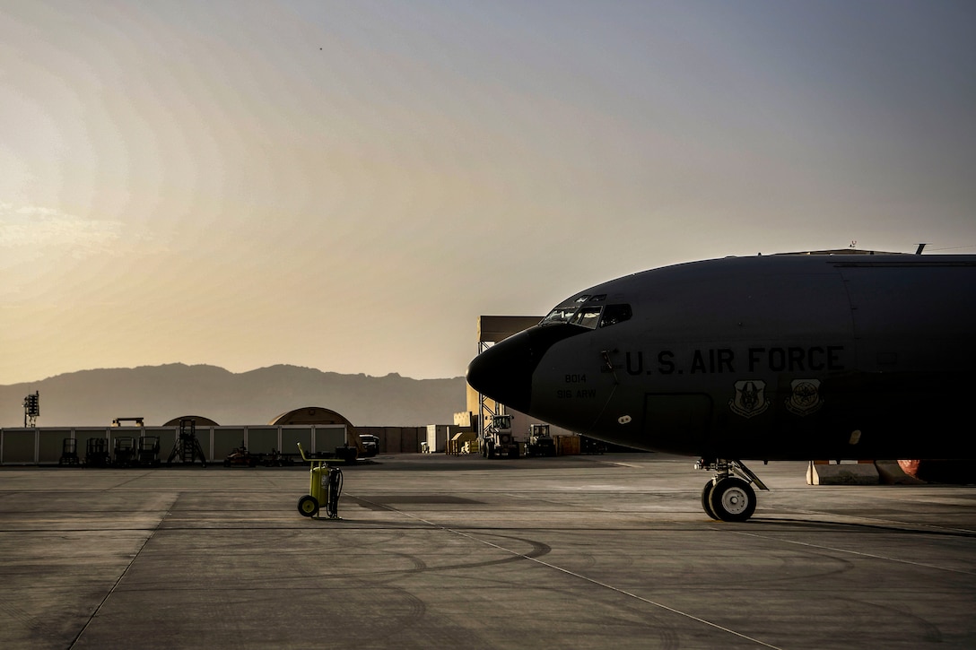 An Air Force KC-135 Stratotanker aircraft sits on the flightline after conducting an aerial refueling mission.