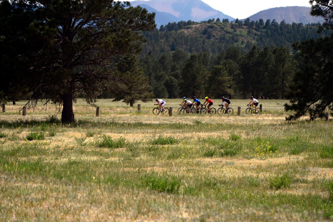 Cyclists race along a country road in the distance cycling event.