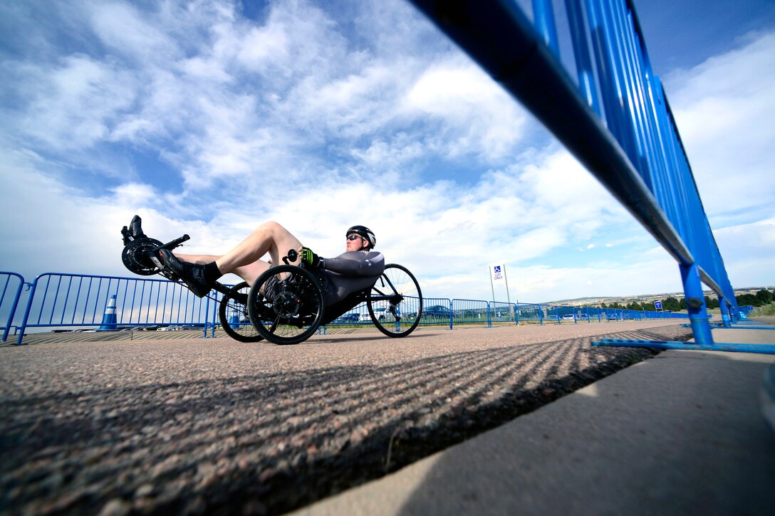 A soldier participates in the recumbent bike race.