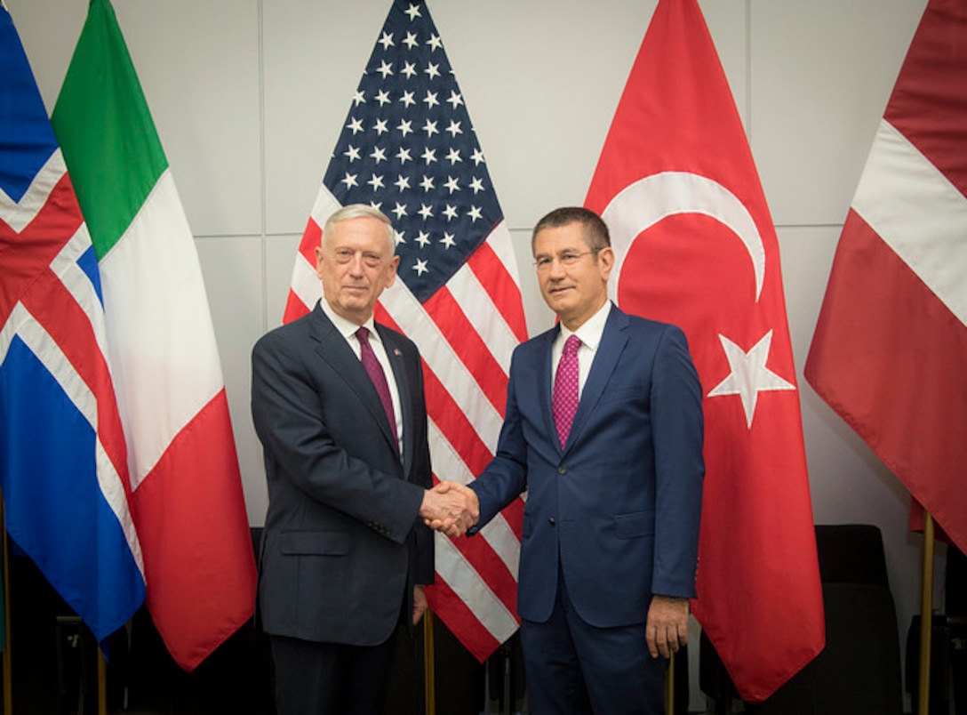 Defense Secretary James N. Mattis meets with Turkish Minister of Defense Nurettin Canikli at the NATO building in Brussels, Belgium on June 7, 2018. DoD photo by Air Force Tech. Sgt. Vernon Young Jr.