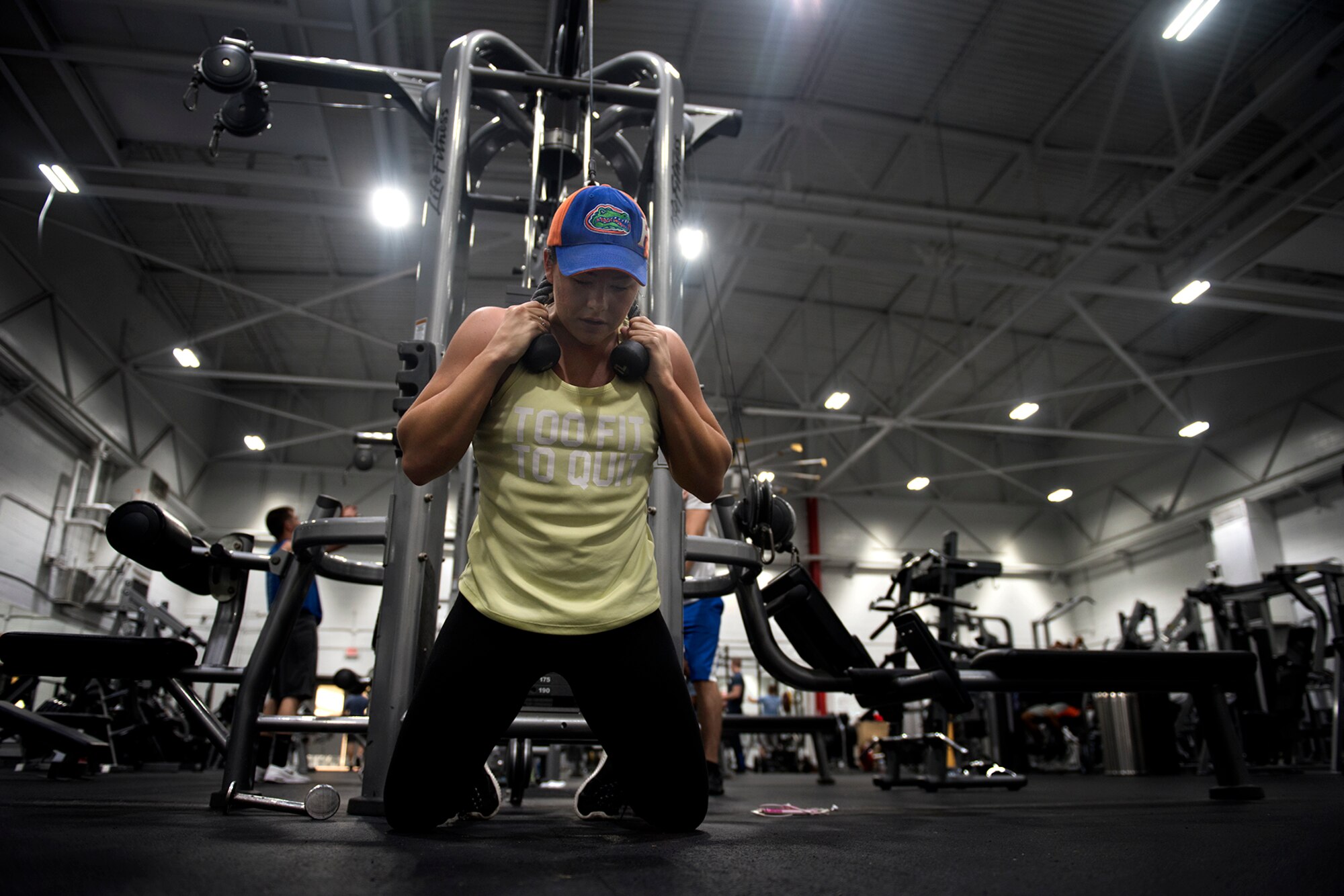U.S. Air Force Airman 1st Class Haley Storicks, an administrative journeyman assigned to the 509th Contracting Squadron, works out at Whiteman Air Force Base, Missouri, June 1, 2018.