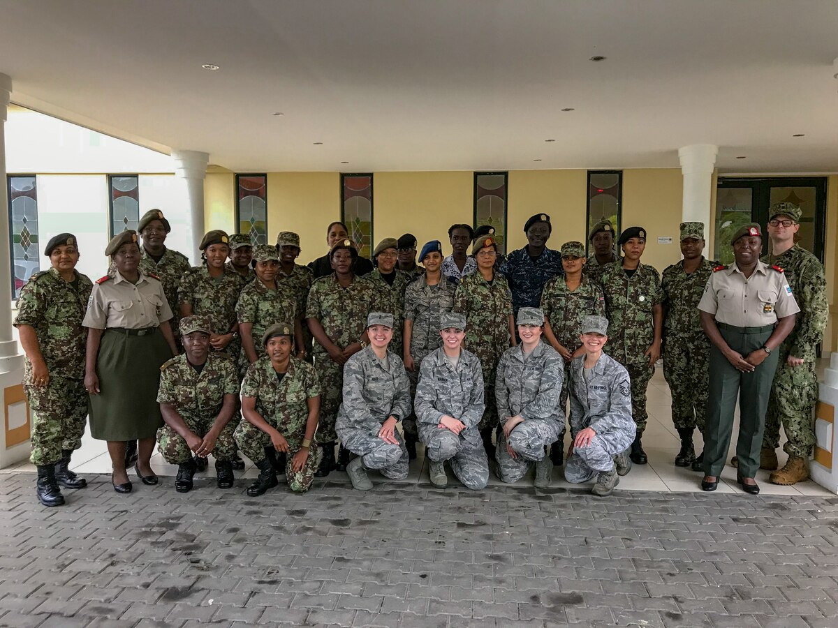 114th Fighter Wing Airmen pose with members of the Suriname Defense Force during the National Guard State Partnership Program’s Women in the Military Conference May 14-19, 2018.