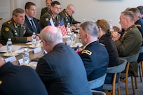 Marine Corps Gen. Joe Dunford, chairman of the Joint Chiefs of Staff, meets with Russian Army Gen. Valery Gerasimov, Chief of the General Staff of the Armed Forces of Russia, at Königstedt Manor in Helsinki, Finland, June 8, 2018.