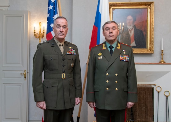 Marine Corps Gen. Joe Dunford, chairman of the Joint Chiefs of Staff, meets with Russian Army Gen. Valery Gerasimov, Chief of the General Staff of the Armed Forces of Russia, at Königstedt Manor in Helsinki, Finland, June 8, 2018.