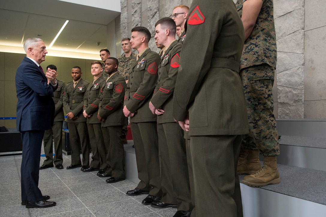 Defense Secretary James N. Mattis speaks to a group of Marines.