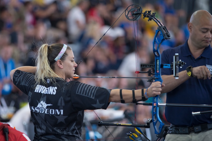 Former Marine Corps Reserve Gunnery Sgt. Tiffany Hudgins competes in archery, representing U.S. Special Operations Command, during the 2018 Department of Defense Warrior Games at the U.S. Air Force Academy in Colorado Springs, Colo.
