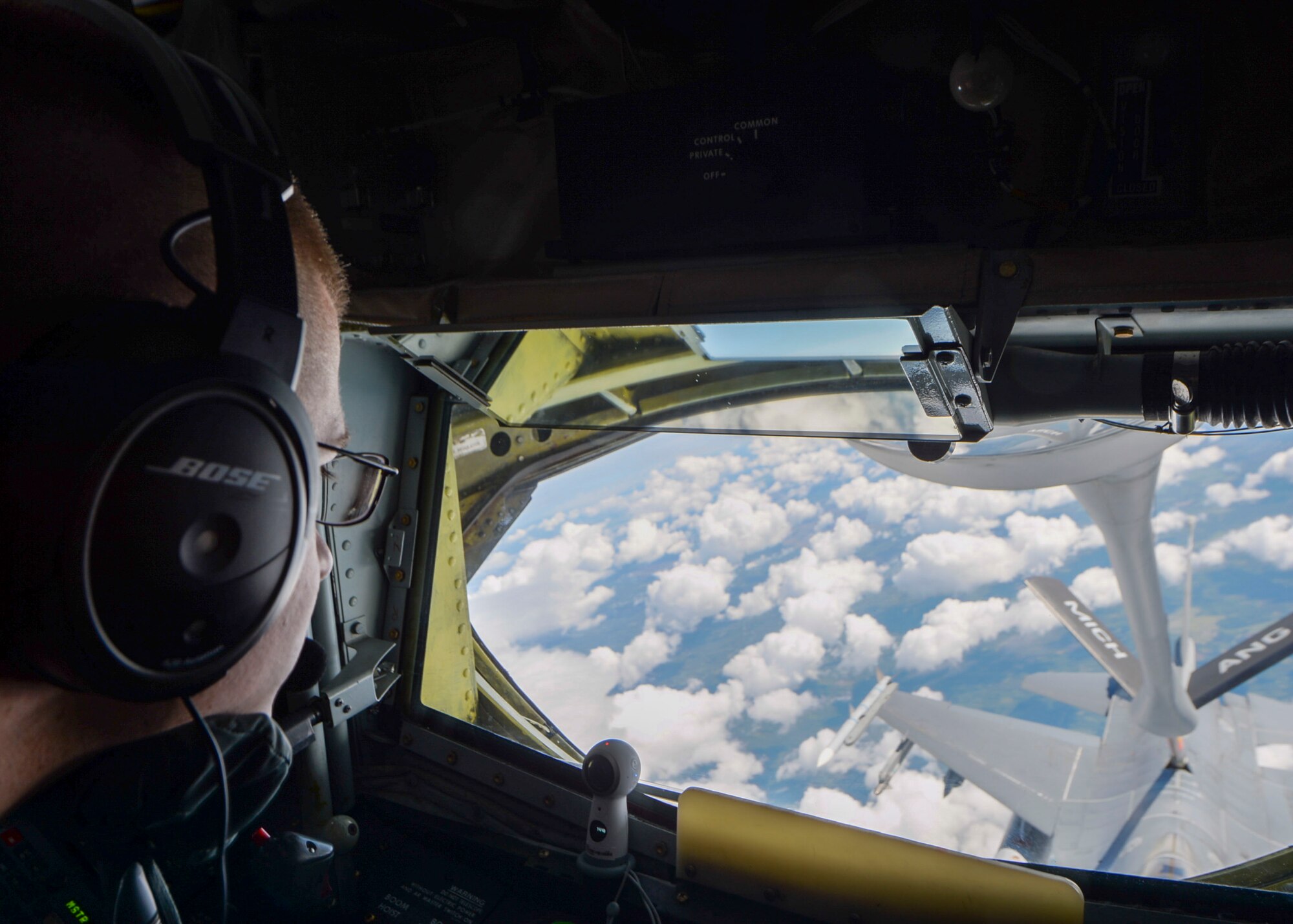 U.S. Air Force Staff Sgt. Jordan Kaminski, 171st Air Refueling Squadron KC-135 boom operator, operates and monitors a boom pod during Saber Strike 18 over Latvia, June 6, 2018. Boom operators are responsible for controlling the boom, an apparatus that provides fuel to other aircraft during flight, and enabling a farther projection of air power. (U.S. Air Force photo by Staff Sgt. Jimmie D. Pike)