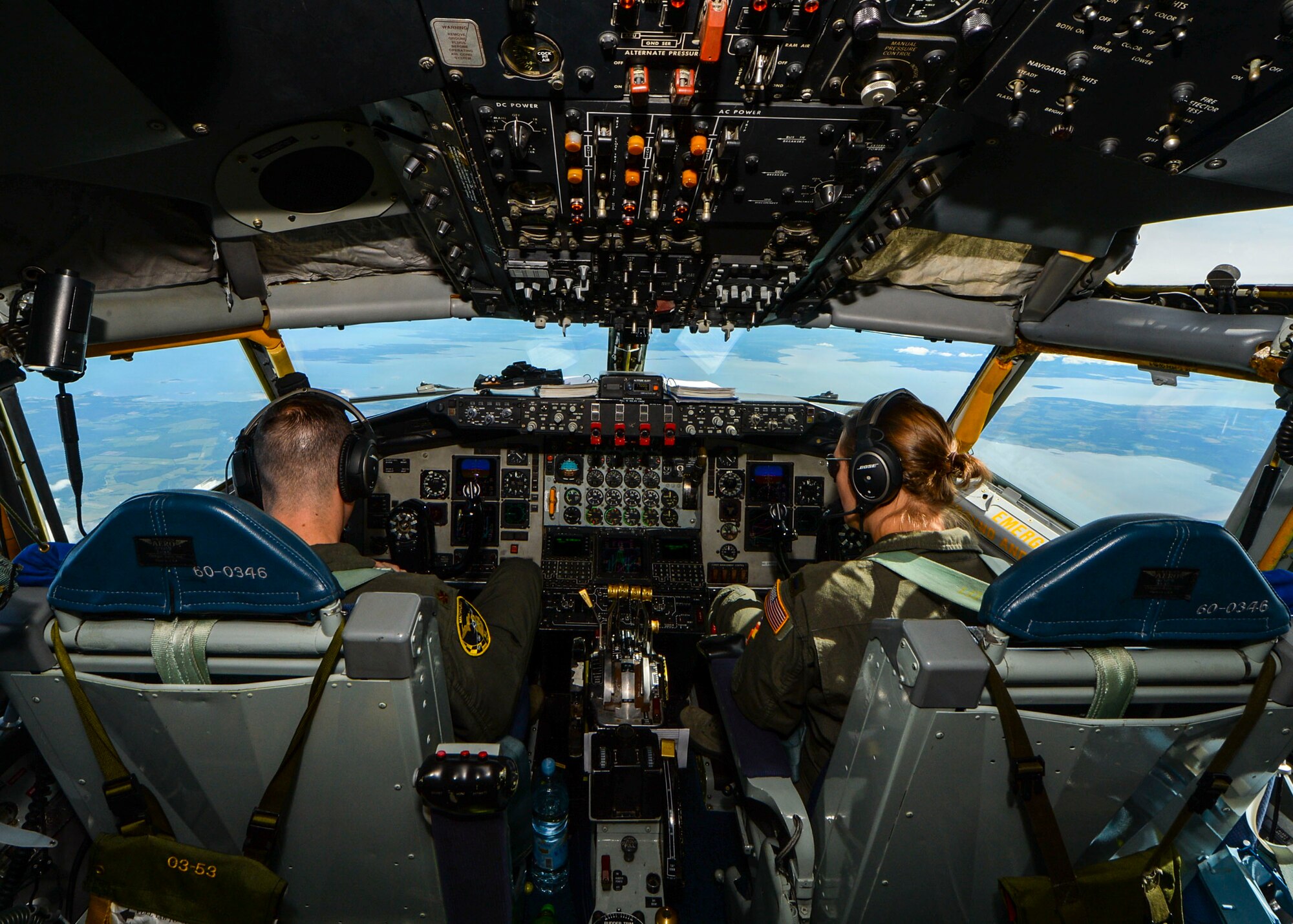U.S. Air Force Maj. Luke Luikens and 1st Lt. Jennifer Logsdon, 171st Air Refueling Squadron KC-135 Stratotanker pilots, fly a KC-135 for a refueling mission during Saber Strike 18, June 8, 2018. During Saber Strike, KC-135s were used to refuel other aircraft such as the A-10 Thunderbolt II and the F-16 Fighting Falcon, to prolong their flight time for extended training scenarios. (U.S. Air Force photo by Staff Sgt. Jimmie D. Pike)