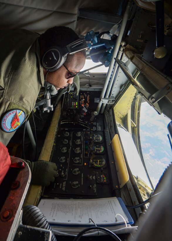 U.S. Air Force Senior Airman Andre McClain, 171st Air Refueling Squadron boom operator, prepares a KC-135 Stratotanker’s boom to refuel aircraft during Saber Strike 18 June 8, 2018. Boom operators are responsible for being the pilots’ eyes at the back of the aircraft as well as operating the boom during refueling missions. (U.S. Air Force photo by Staff Sgt. Jimmie D. Pike)