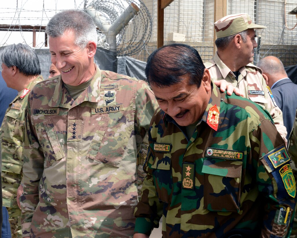 Army Gen. John W. Nicholson, commander of NATO’s Resolute Support mission and of U.S. Forces in Afghanistan, shares a laugh with Afghan National Army Gen. Imam Nazar.
