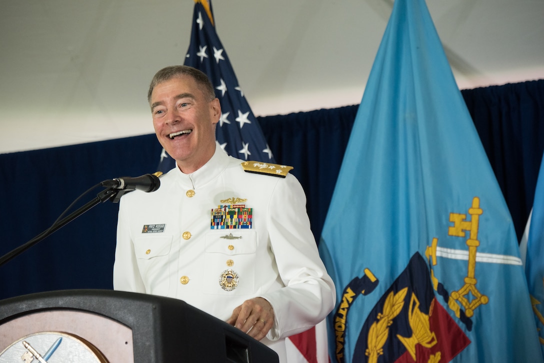 U.S. Navy Vice Adm. Fritz Roegge, President NDU, speaks at the NDU Graduation