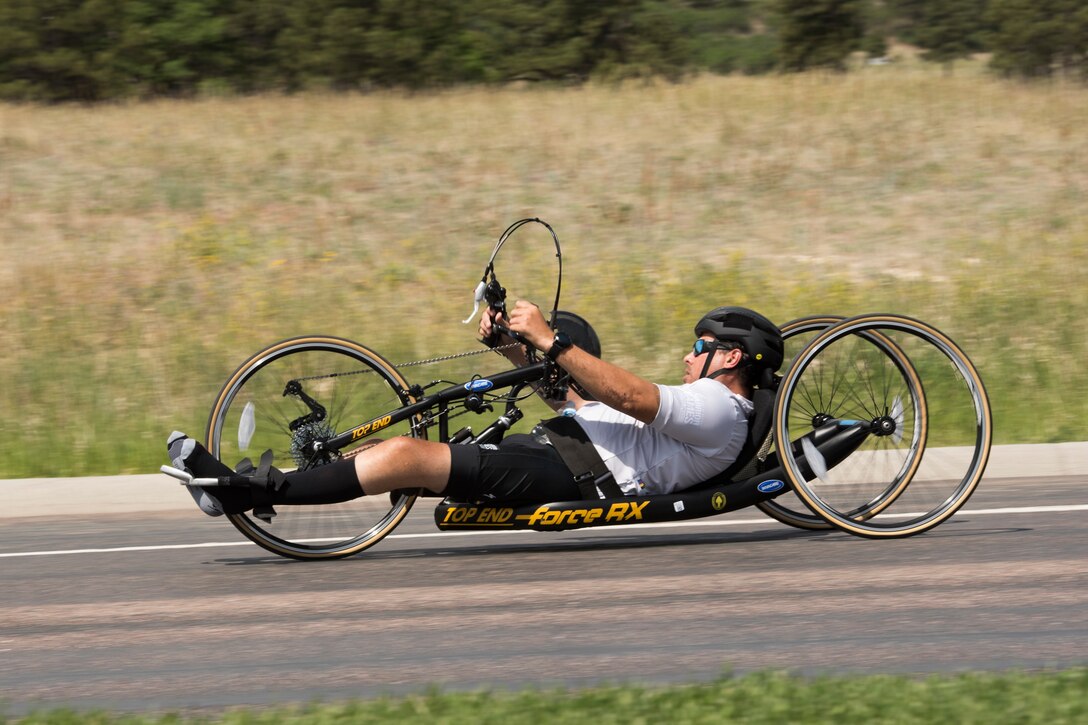 Army Master Sgt. George Vera of the U.S. Special Operations Command team competes in cycling during the 2018 Department of Defense Warrior Games at the U.S. Air Force Academy in Colorado Springs, Colo.