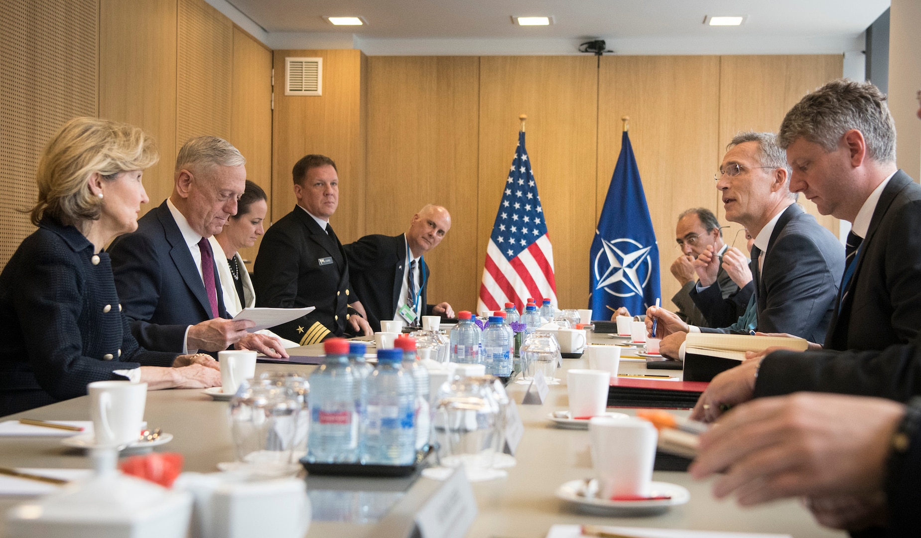 Defense Secretary James N. Mattis meets with NATO Secretary General Jens Stoltenberg at NATO headquarters in Brussels.
