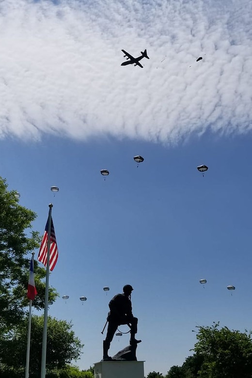 U.S. Army paratroopers joined paratroopers from several nations during a paradrop as part of the commemoration of the D-Day invasion of June 6, 1944, during World War II, in Normandy, France. Aircraft from the U.S. Air Force's 86th Airlift Wing and multiple other countries and units participated in the event. (U.S. Air National Guard photo by Lt. Col. Misty Hitchcock)