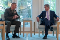 President of the Republic of Finland Sauli Niinistö hosts Marine Corps Gen. Joe Dunford, chairman of the Joint Chiefs of Staff, for an office call at the Mäntyniemi in Helsinki, Finland, June 8, 2018.