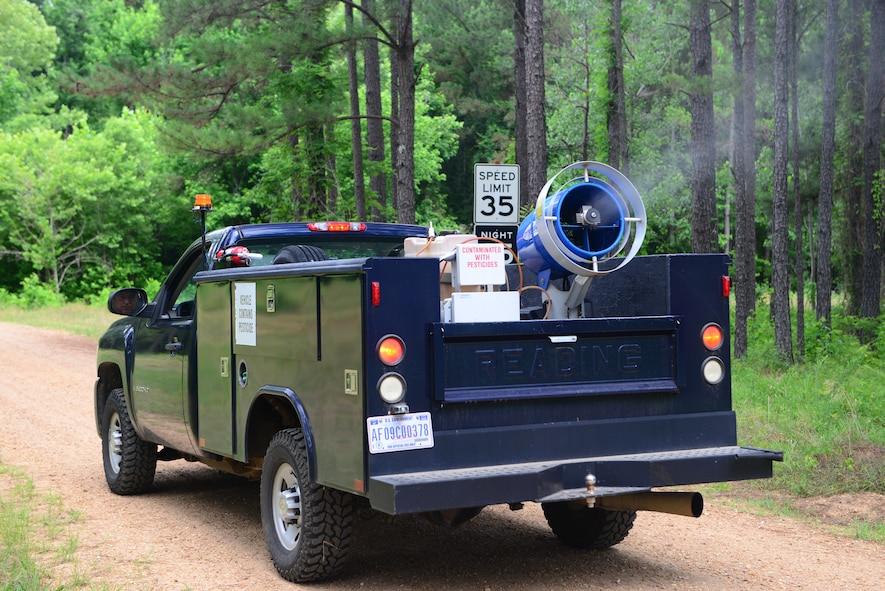 Robert Miller, 14th Civil Engineer Squadron pest controller, drives his team’s utility vehicle while fogging for mosquitoes June 5, 2018, on Columbus Air Force Base, Mississippi. The team’s utility vehicle has a wide variety of tools, traps, bait and other things necessary to stop pests from harming Airmen and damaging Air Force property. (U.S. Air Force photo by Airman 1st Class Beaux Hebert)