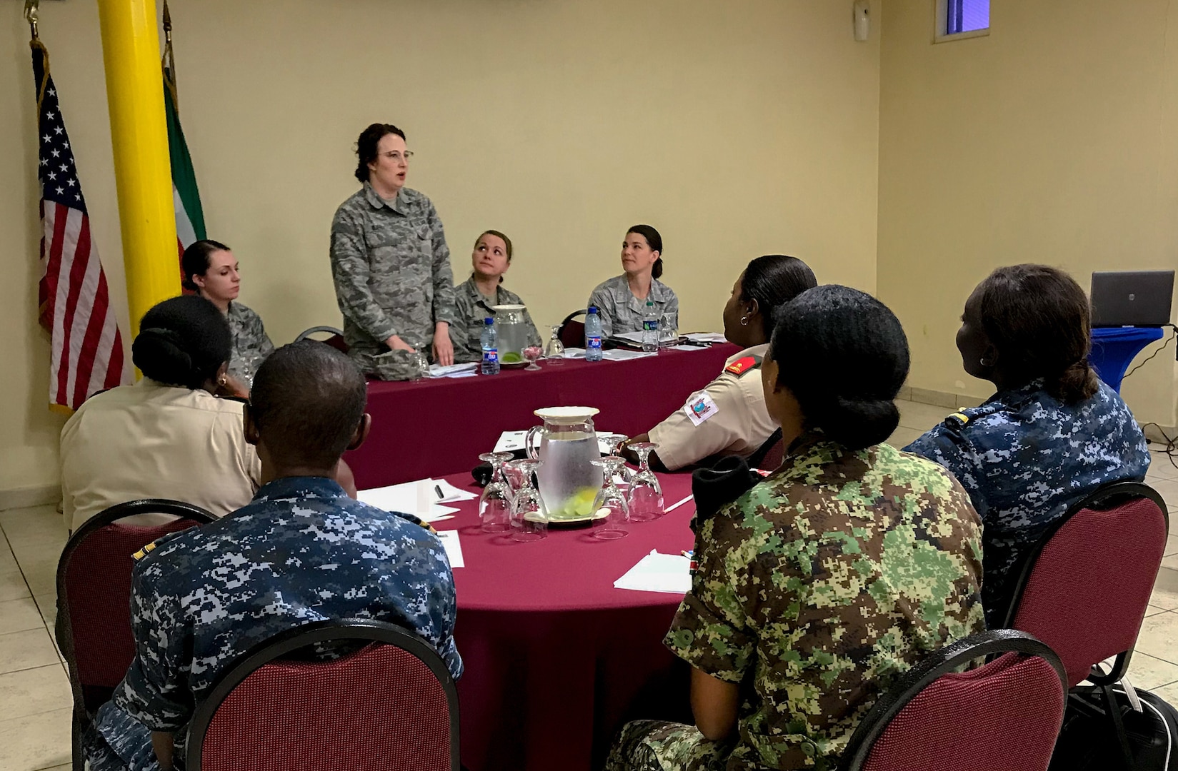 Tech. Sgt. Rachael Bjerke, 114th Medical Group dental assistant, talks about her experience in the South Dakota Air National Guard to Suriname Defense Force members during the National Guard State Partnership Program’s Women in the Military Conference May 14-19, 2018. The conference allowed for the exchange of ideas on promoting the importance of women in the U.S. and Suriname militaries.