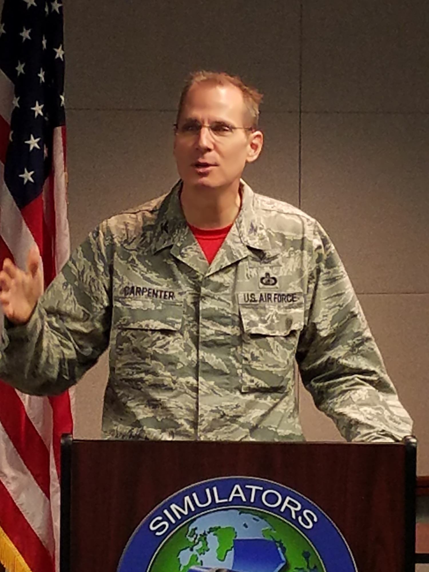 Col. Philip Carpenter, Senior Materiel Leader, Simulators Program Office, provided opening remarks during a recent simulation and training forum. The program office is responsible for executing a $1 billion annual budget for over 56 programs at eight Major Commands with a portfolio of 2300+ training devices/configurations worldwide. (U.S. Air Force photo / Simulators Program Office)