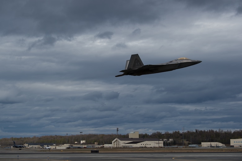 An F-22 Raptor takes flight at Joint Base Elmendorf-Richardson, Alaska, May 10, 2018. The F-22, a critical component of the Global Strike Task Force, is designed to project air dominance rapidly and at great distances and defeat threats to the U.S. and its allies. The F-22 cannot be matched by any known or projected fighter aircraft.