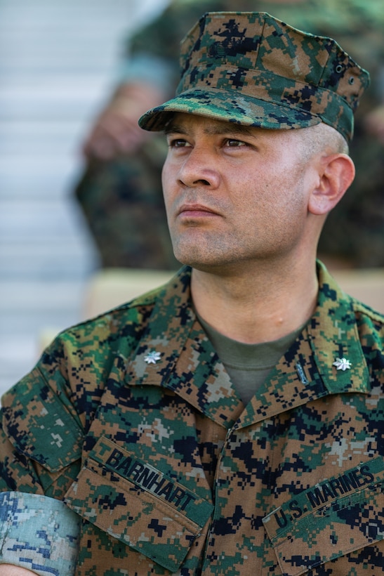 Lt. Col. Robert M. Barnhart, on-coming commanding officer, 1st Battalion, 7th Marine Regiment, listens to a speech given by his predecessor during the unit’s change of command ceremony aboard the Marine Corps Air Ground Combat Center, Twentynine Palms, Calif., June 4, 2018. The change of command ceremony ensures that the unit and its Marines are never without official leadership, and also signifies an allegiance of Marines to their unit’s commander. (U.S. Marine Corps photo by Lance Cpl. Rachel K. Porter)