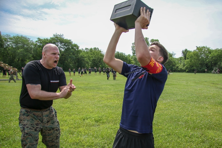 Nearly 200 young men and women from the upper Midwest attended Recruiting Station Des Moines’ All-Hands Future Marine function, June 6-7, at Camp Dodge, Iowa, to prepare for recruit training.
The future Marines, commonly known as poolees, traveled from Nebraska, South Dakota, Illinois, Wisconsin and across Iowa to take part in team building and physical training events they will experience at either Marine Corps Recruit Depot Parris Island, S.C., or MCRD San Diego, Calif.
During the all-hands function, each of the 10 recruiting substations, or RSS, competed against one another in events such as log runs, where Marines and their poolees donned flak jackets and Kevlar helmets and raced against other teams while holding a log. Other events were more individual-based such as the initial strength test, or IST, which is a shortened version of the Marine Corps physical fitness test.