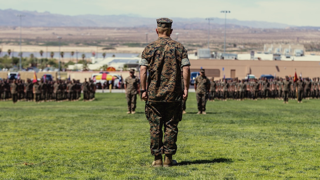 Lt. Col. Robert M. Barnhart Jr., on-coming commanding officer, 1st Battalion, 7th Marine Regiment, stands before his battalion for the first time during the unit’s change of command ceremony aboard the Marine Corps Air Ground Combat Center, Twentynine Palms, Calif., June 4, 2018. The change of command ceremony ensures that the unit and its Marines are never without official leadership, and also signifies an allegiance of Marines to their unit’s commander. (U.S. Marine Corps photo by Lance Cpl. Rachel K. Porter)