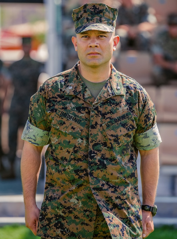 Lt. Col. Robert M. Barnhart Jr., on-coming commanding officer, 1st Battalion, 7th Marine Regiment, prepares to accept command over the unit during a change of command ceremony aboard the Marine Corps Air Ground Combat Center, Twentynine Palms, Calif., June 4, 2018. The change of command ceremony ensures that the unit and its Marines are never without official leadership, and also signifies an allegiance of Marines to their unit’s commander. (U.S. Marine Corps photo by Lance Cpl. Rachel K. Porter)