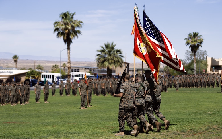 1st Battalion, 7th Marine Regiment’s color guard posts during the unit’s change of command ceremony aboard the Marine Corps Air Ground Combat Center, Twentynine Palms, Calif., June 4, 2018. The change of command ceremony ensures that the unit and its Marines are never without official leadership, and also signifies an allegiance of Marines to their unit’s commander. (U.S. Marine Corps photo by Lance Cpl. Rachel K. Porter)
