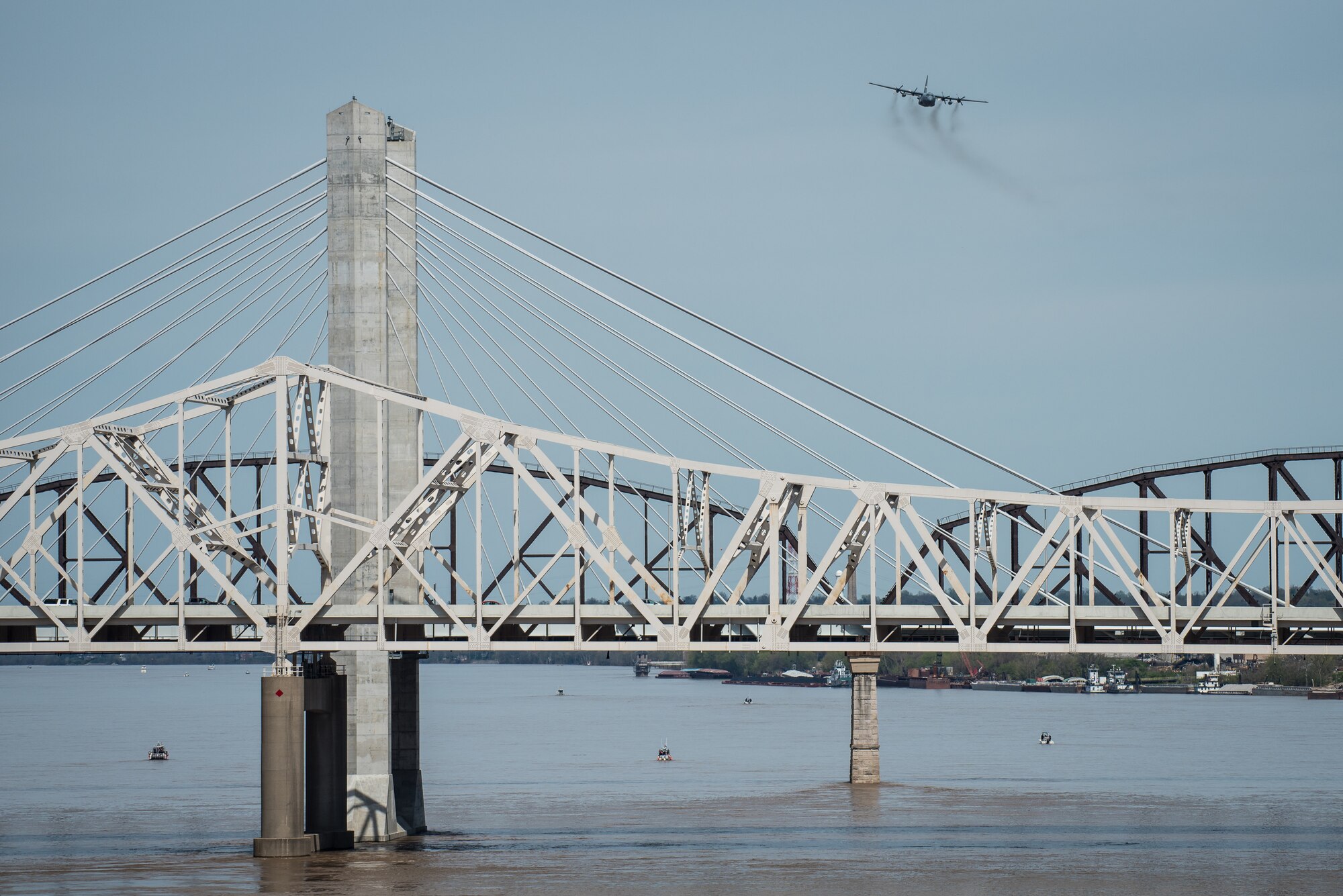 A Kentucky Air National Guard C-130 Hercules aircraft flies an aerial demonstration over the Ohio River April 21, 2018, during the Thunder Over Louisville air show in Louisville, Ky. The Kentucky Air Guard once again served as the base of operations for military aircraft participating in the show, providing essential maintenance and logistical support. (U.S. Air National Guard photo by Lt. Col. Dale Greer)