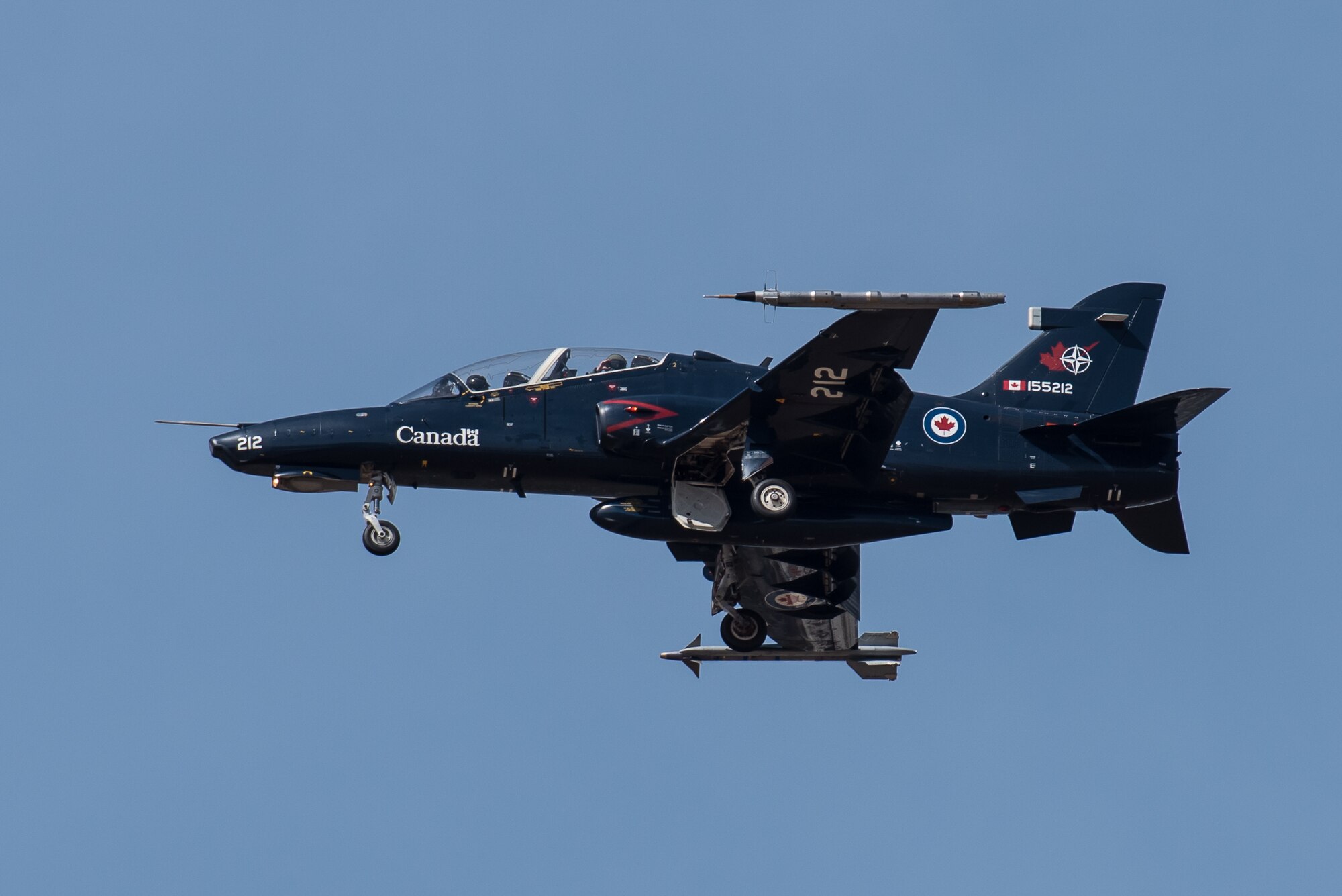 A Royal Canadian Air Force CT-155 Hawk trainer aircraft flies an aerial demonstration over the Ohio River April 21, 2018, during the Thunder Over Louisville air show in Louisville, Ky. The Kentucky Air National Guard once again served as the base of operations for military aircraft participating in the show, providing essential maintenance and logistical support. (U.S. Air National Guard photo by Lt. Col. Dale Greer)