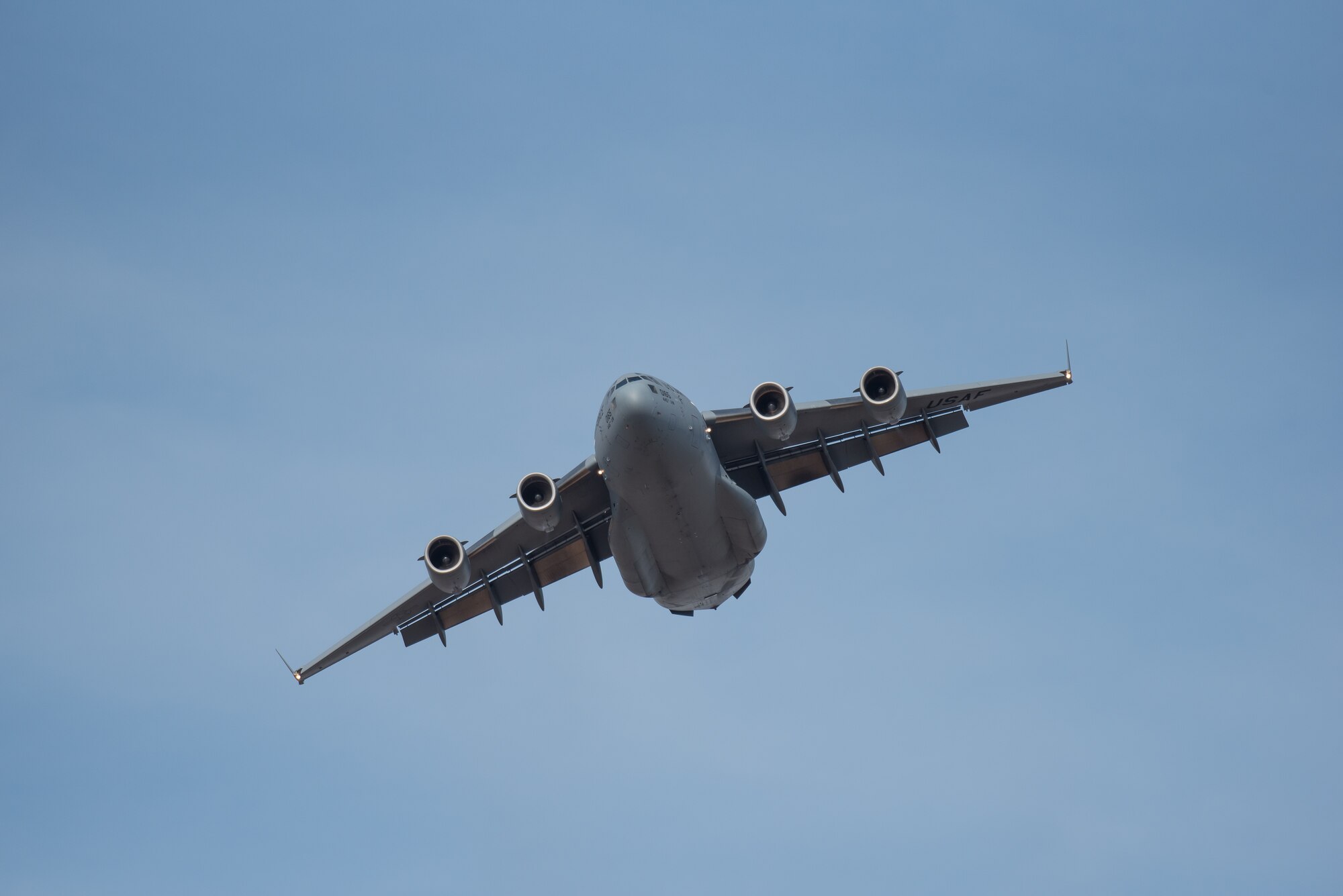 A U.S. Air Force C-17 Globemaster III transport aircraft flies an aerial demonstration over the Ohio River April 21, 2018, during the Thunder Over Louisville air show in Louisville, Ky. The Kentucky Air National Guard once again served as the base of operations for military aircraft participating in the show, providing essential maintenance and logistical support. (U.S. Air National Guard photo by Lt. Col. Dale Greer)