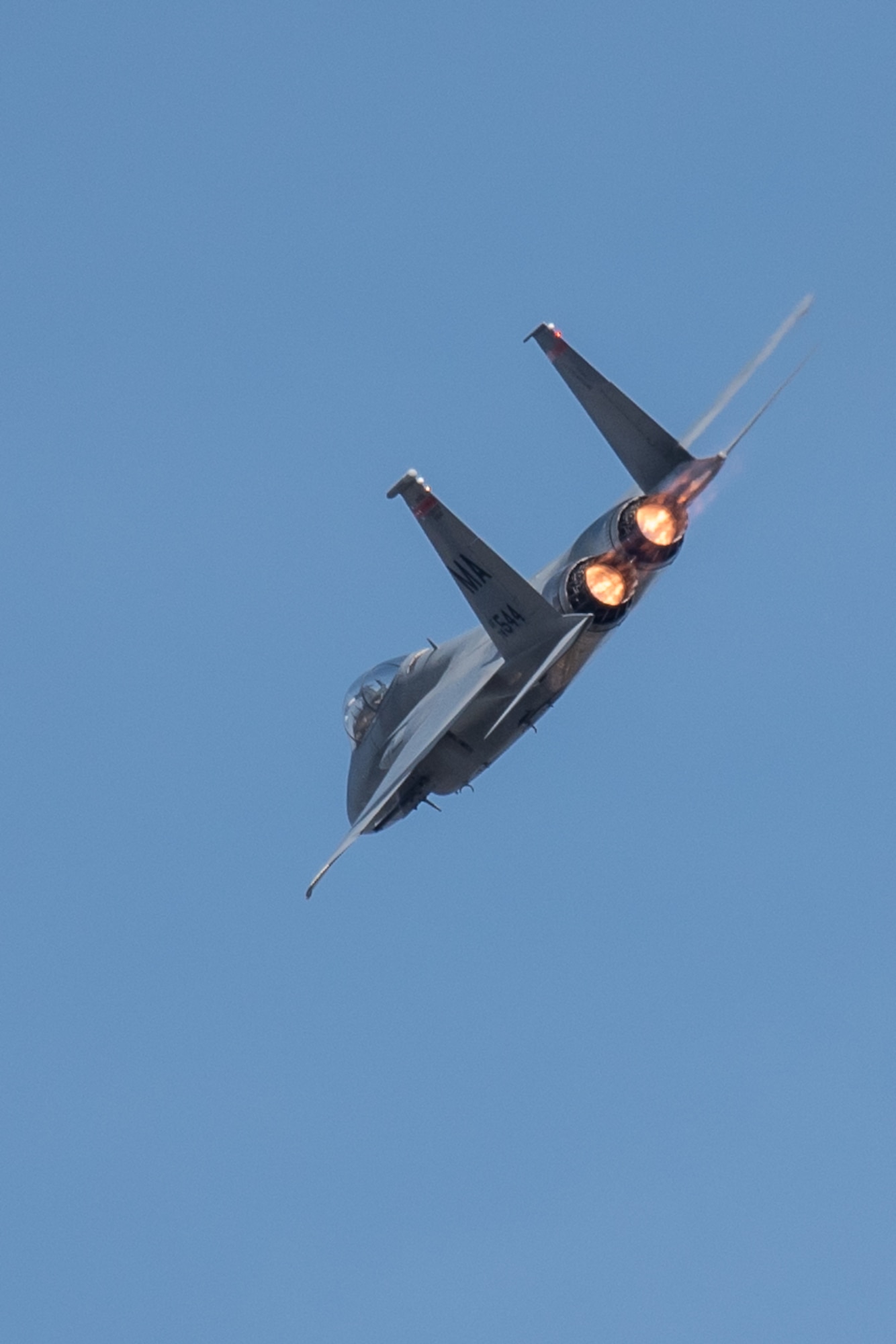 An F-15 Eagle from the 104th Fighter Wing, Massachusetts Air National Guard, performs an aerial demonstration April 21, 2018, during the Thunder Over Louisville air show in Louisville, Ky. The Kentucky Air National Guard once again served as the base of operations for military aircraft participating in the show, providing essential maintenance and logistical support. (U.S. Air National Guard photo by Lt. Col. Dale Greer)