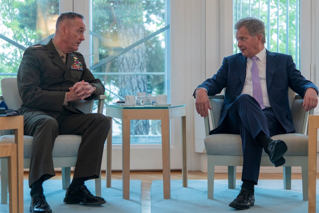 Marine Corps Gen. Joe Dunford, chairman of the Joint Chiefs of Staff, meets with the Finnish president.