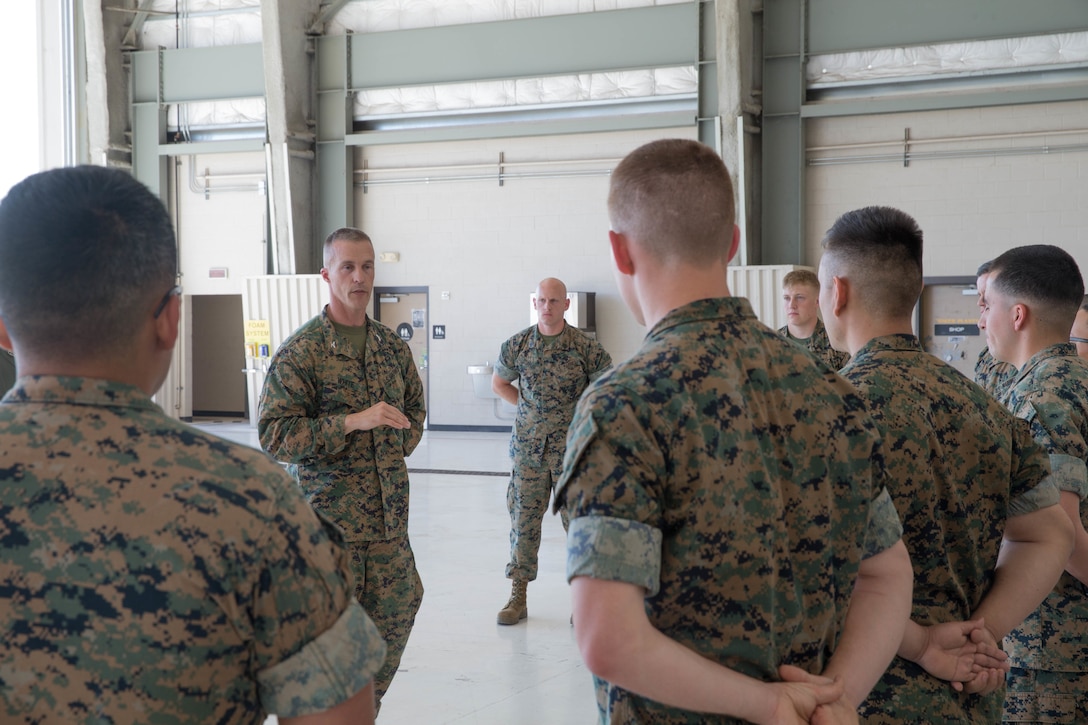 Col. Steven J. White, commanding officer of 23rd Marine Regiment, 4th Marine Division, speaks to Marines of Marine Aerial Refueler Transport Squadron 234, Marine Aircraft Group 41, 4th Marine Aircraft Wing, during Integrated Training Exercise 4-18 in El Centro, California, on June 9, 2018. Marine Aircraft Group 41 is fulfilling the Air Combat Element role of ITX 4-18, providing essential support to Ground Combat Elements of the Marine Air Ground Task Force. (Photo by U.S. Marine Corps Lance Cpl. Samantha Schwoch/released)