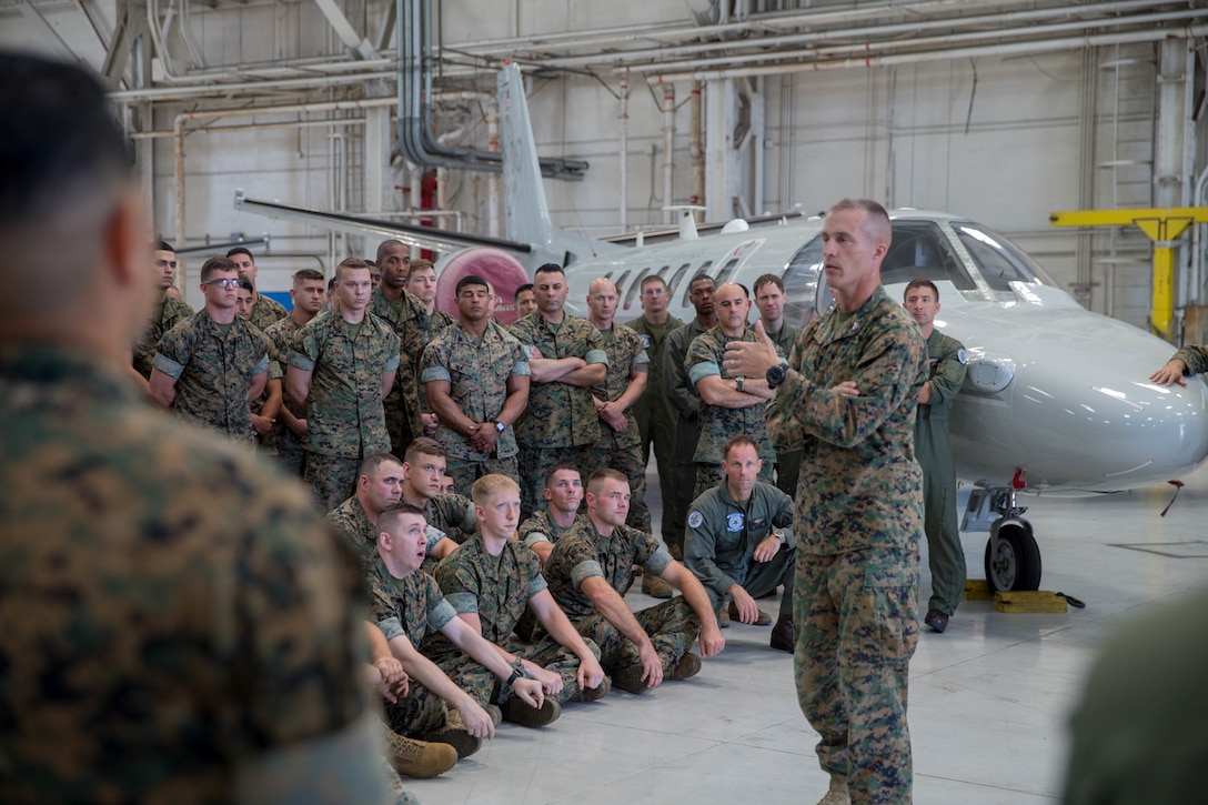 Col. Steven J. White, commanding officer of 23rd Marine Regiment, 4th Marine Division, speaks to the Marines of Marine Fighter Attack Squadron 112, Marine Aircraft Group 41, 4th Marine Aircraft Wing, during Integrated Training Exercise 4-18 in Miramar, California, on June 9, 2018. Marine Aircraft Group 41 is fulfilling the Air Combat Element role of ITX 4-18, providing essential support to Ground Combat Elements of Marine Air Ground Task Force 23. (Photo by U.S. Marine Corps Lance Cpl. Samantha Schwoch/released)