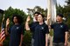 Five U.S. Air Force recruits participate in a swearing-in ceremony at Osan Air Base, Republic of Korea, June 8, 2018.