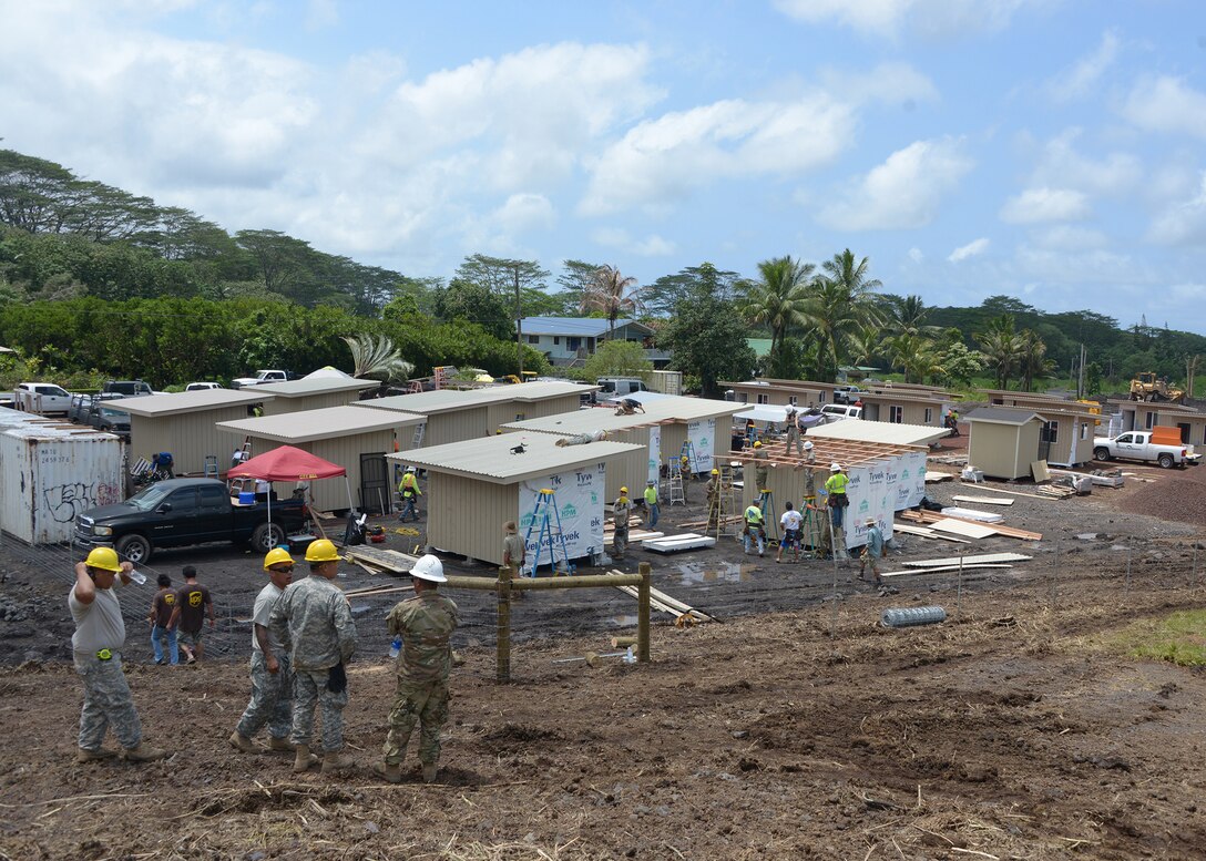 Engineers from the 230th Vertical Engineer Company, Hawaii National Guard, construct 20 micro shelters in Pahoa, Hawaii, June 9, 2018. The project is  a community effort led by Hope Services Hawaii, a faith-based non-profit organization.