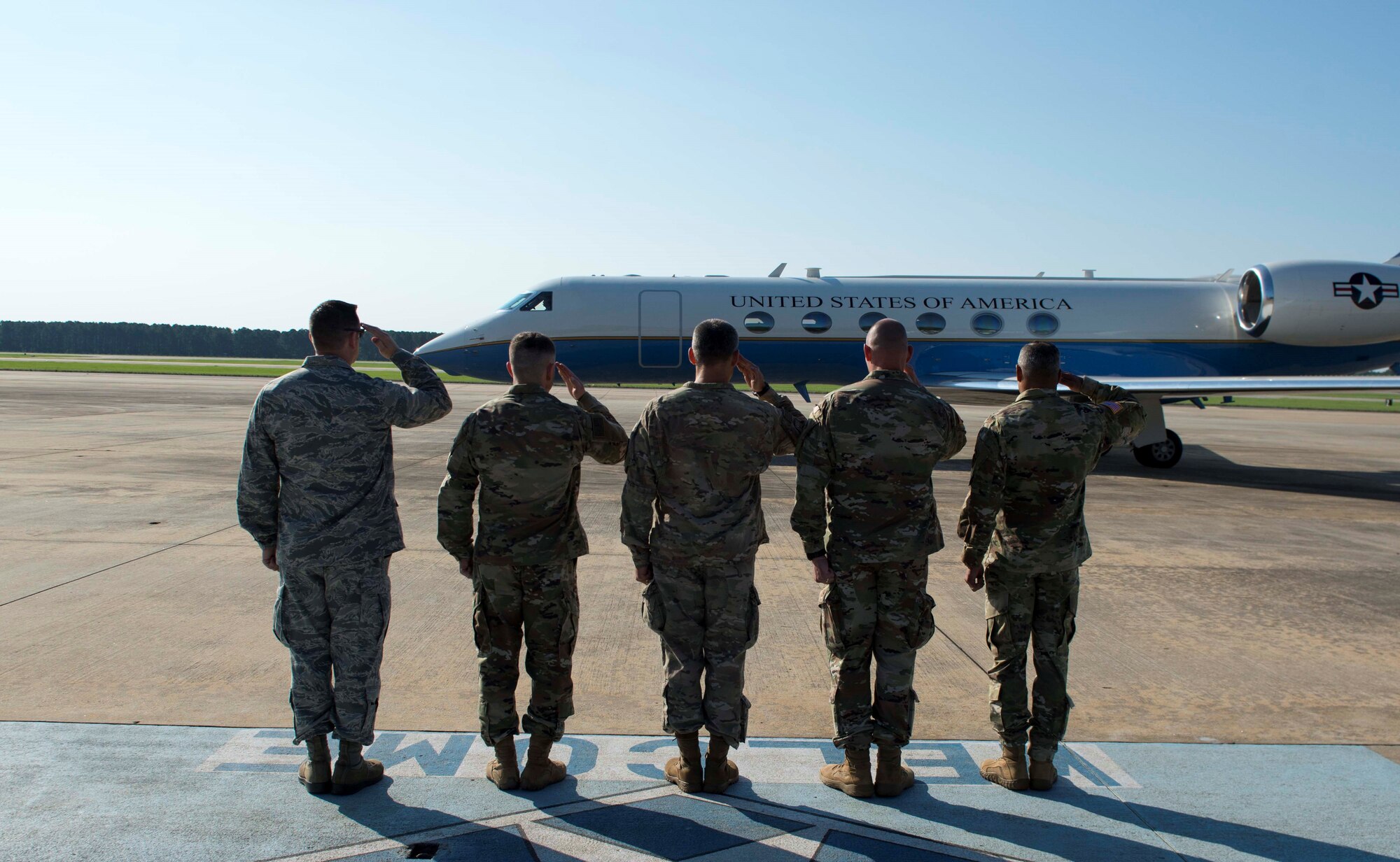 U.S. Airmen and Soldiers salute Army Gen. Joseph L. Votel, United States Central Command commander, at Shaw Air Force Base, S.C., June 4, 2018.