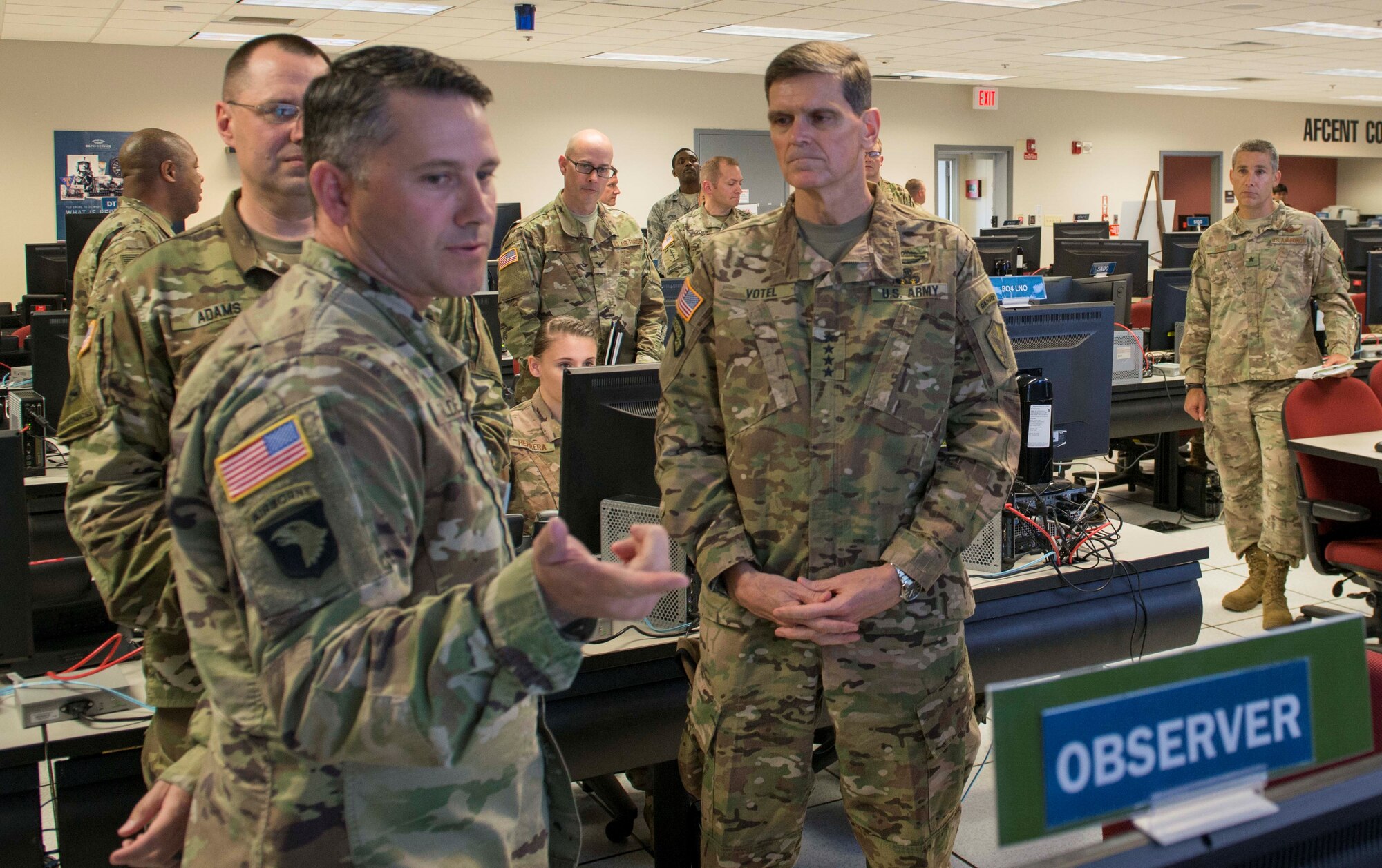 U.S. Army Gen. Joseph L. Votel, United States Central Command commander, listens to a Soldier at Shaw Air Force Base, S.C., June 4, 2018.