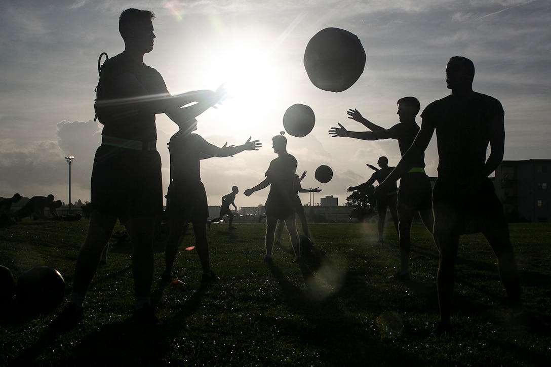 Noncommissioned officers with the 31st Marine Expeditionary Unit toss medicine balls during a Force Fitness Instructor led High Intensity Tactical Training session at Camp Hansen, Okinawa, Japan, June 8, 2018. The 31st MEU is adopting an NCO-led FFI program to improve overall physical fitness while reducing injury and building unit morale. The 31st MEU, the Marine Corps' only continuously forward-deployed MEU, provides a flexible force ready to perform a wide-range of military operations.