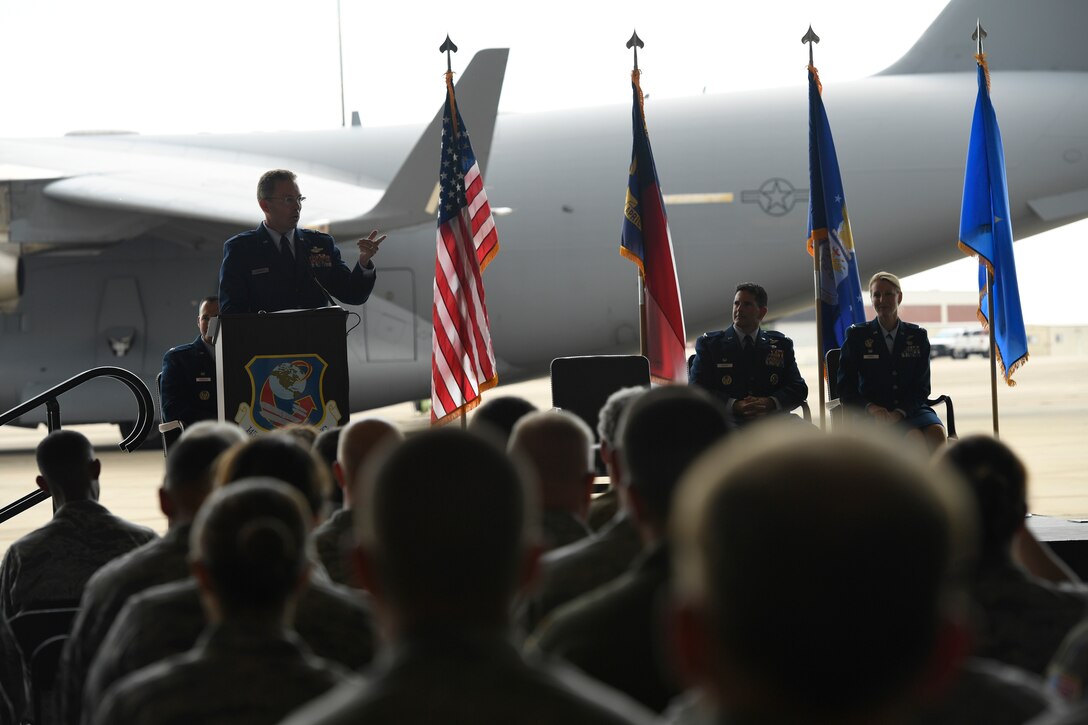 U.S. Air Force Brig. Gen. Thomas Kennett, Assistant Adjutant General for Air, North Carolina National Guard (NCANG), addresses members of the 145th Airlift Wing during a Change of Command Ceremony held at the NCANG Base, Charlotte Douglas International Airport, June 9, 2018. Col. Micheal Gerock will relinquish command to Col. Bryony Terrell who will be the the first female commander for the 145th Airlift Wing.