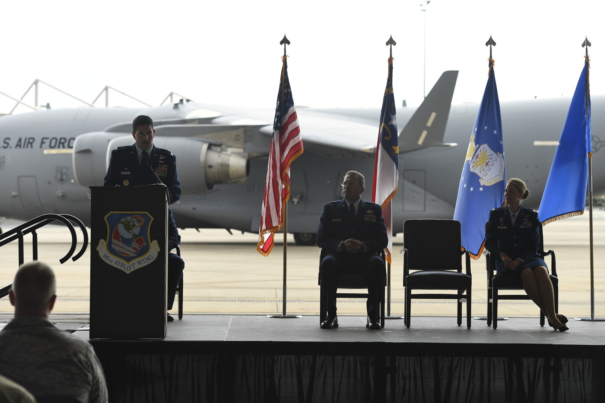 U.S. Air Force Col. Michael Gerock, commander of the 145th Airlift Wing (AW), gives a final address to members of the unit during a Change of Command Ceremony held at the North Carolina Air National Guard Base, Charlotte Douglas International Airport, June 9, 2018. Gerock will will relinquish command to Col. Bryony Terrell who is the the first female commander for the 145th AW.