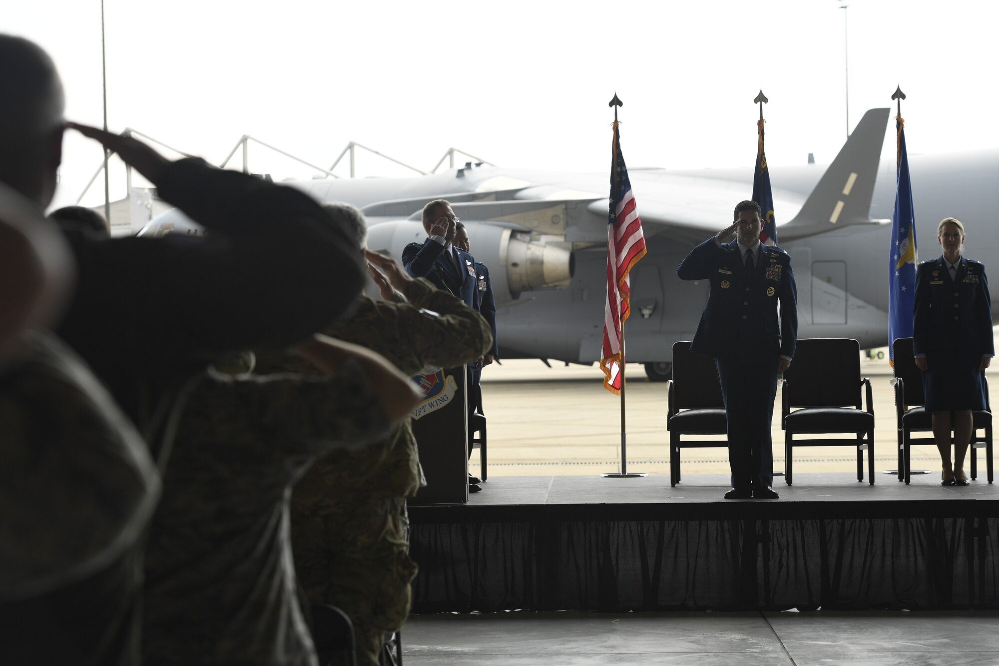 U.S. Air Force Col. Michael Gerock, commander of the 145th Airlift Wing (AW), receives a final salute from members of the unit during a Change of Command Ceremony held at the North Carolina Air National Guard Base, Charlotte Douglas International Airport, June 9, 2018. Gerock will will relinquish command to Col. Bryony Terrell who is the the first female commander for the 145th AW.