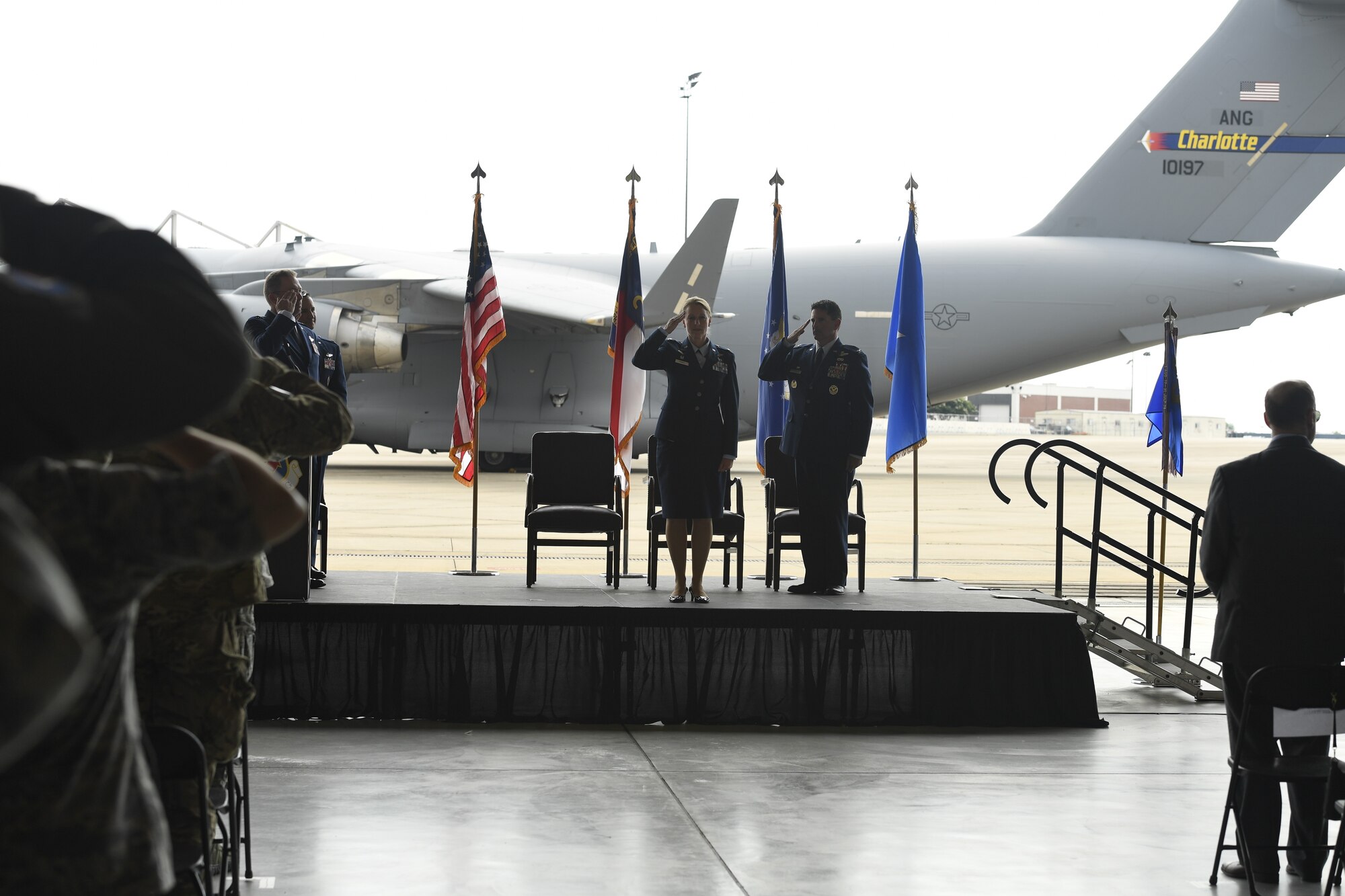 U.S. Air Force Col. Bryony Terrell, commander of the 145th Airlift Wing (AW), receives a first salute from members of the unit during a Change of Command Ceremony held at the North Carolina Air National Guard Base, Charlotte Douglas International Airport, June 9, 2018. Terrell is the first female commander for the 145th AW and is a third generation Airmen. Terrell’s grandfather served in the Army Air Corps, and her father was a rescue pilot in Vietnam.