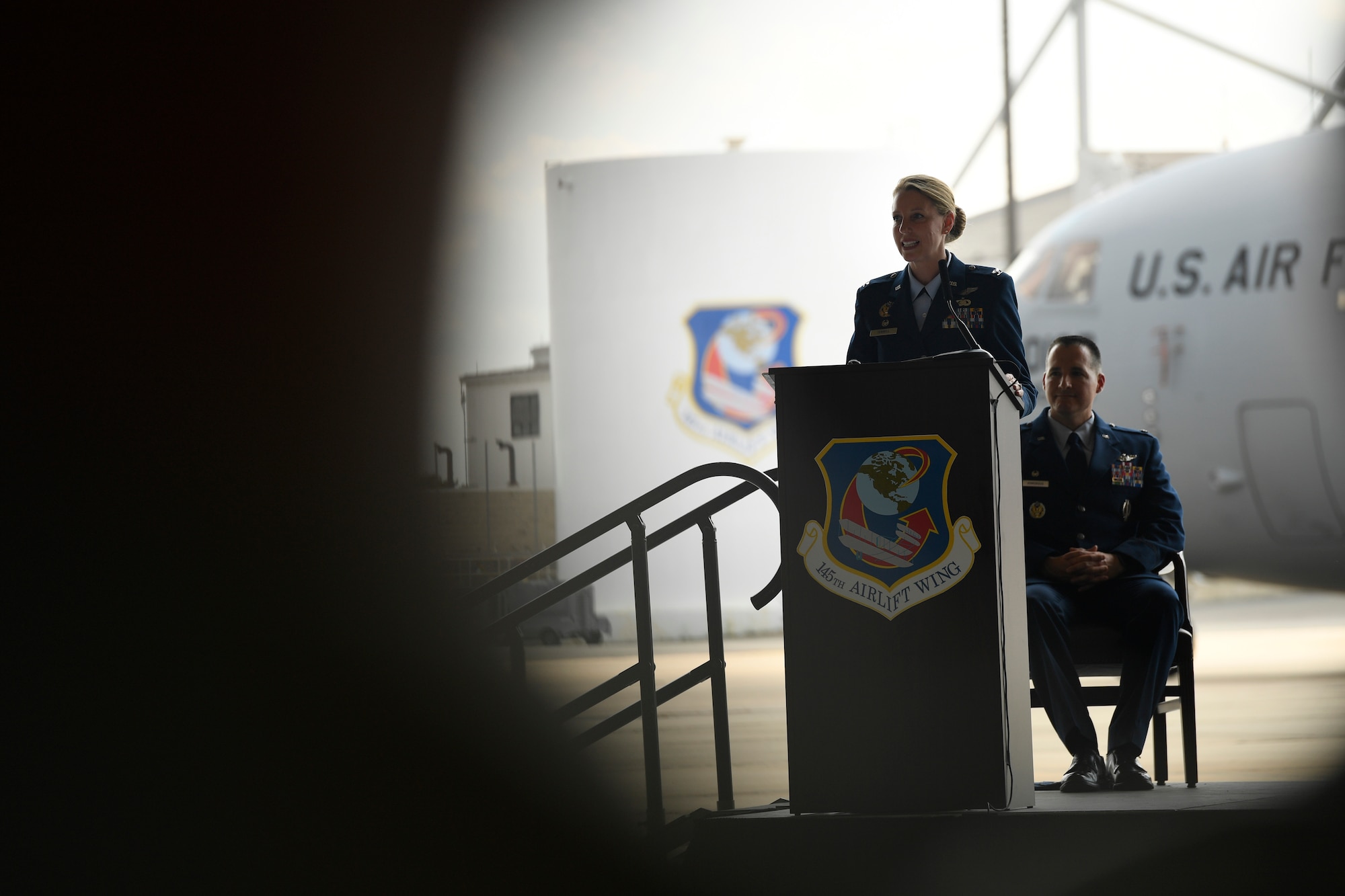 U.S. Air Force Col. Bryony Terrell, Commander of the 145th Airlift Wing (AW), addresses members of the unit during a Change of Command Ceremony held at the North Carolina Air National Guard (NCANG) Base, Charlotte Douglas International Airport, June 9, 2018. During the address, Terrell discussed her eagerness to start working with Airmen of the NCANG and to continue the units transition to the C-17 Globemaster III.