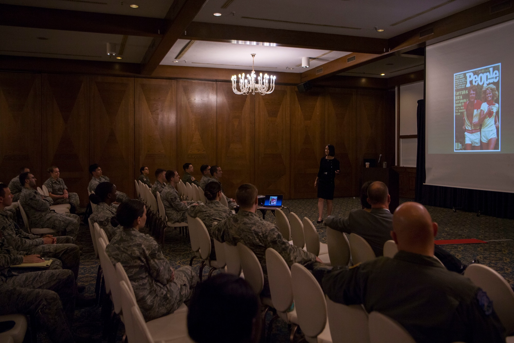 Retired U.S. Air Force Lt. Col. Jannell MacAulay, leadership and performance specialist consultant, speaks to Airmen at Ramstein Air Base, Germany, June 4, 2018. MacAulay spoke on the importance of mental exercises to improve decision-making capability, stress management, and overall performance in high-stress environments. (U.S. Air Force photo by Senior Airman Devin M. Rumbaugh)