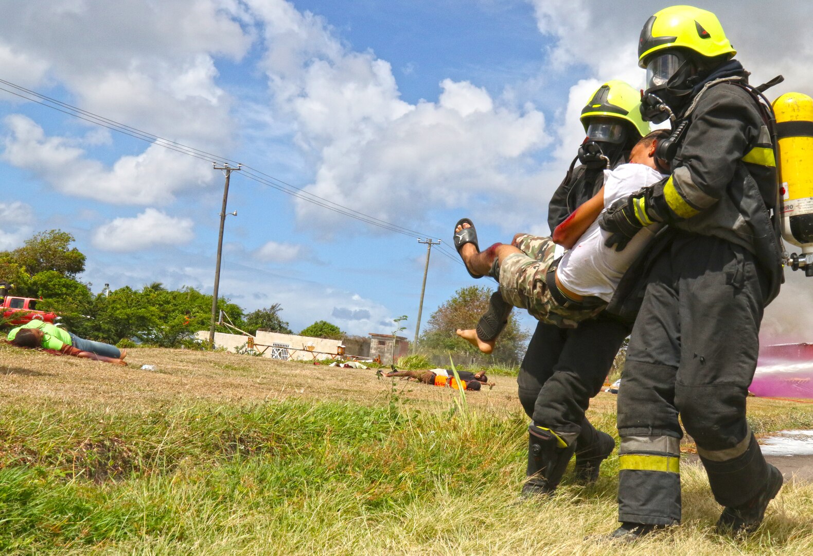 First responders conduct a simulated mass casualty drill.