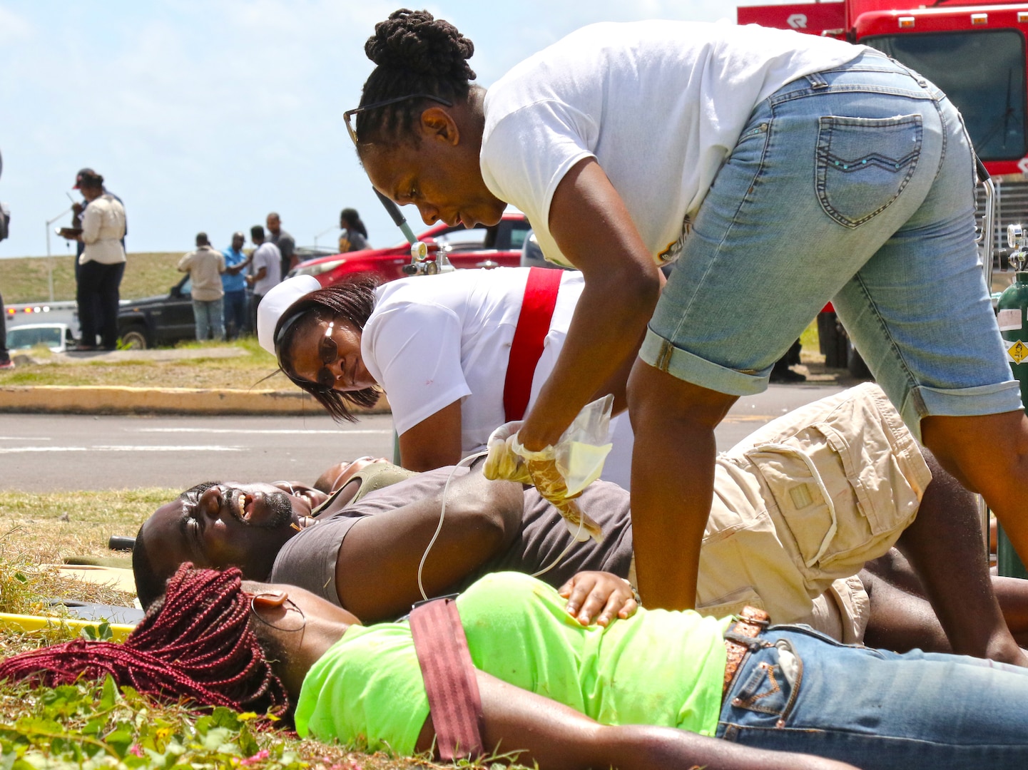 First responders conduct a simulated mass casualty drill.