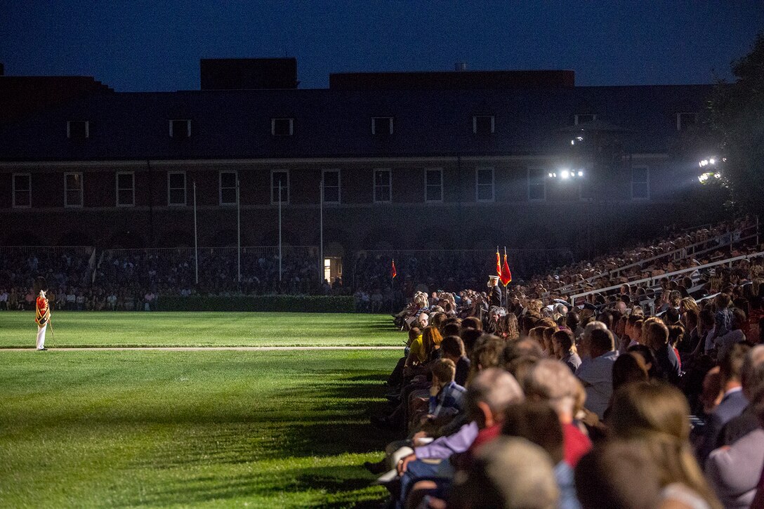Gunnery Sgt. Stacie Crowther, assistant drum major, “The President’s Own” U.S. Marine Band, salutes the executive officer of Marine Barracks Washington D.C., Lt. Col. Scott Clippinger, during the Friday Evening Parade at the Barracks, June 8, 2018. The hosting official for the parade was U.S. Marine Corps Lt. Gen. Frank McKenzie, director, Joint Staff, and the guests of honor were U.S. Army Lt. Gen. Joseph Anderson, deputy chief of staff for the Army; U.S. Marine Corps Lt. Gen. Brian Beaudreault, deputy commandant, plans, policies and operation; U.S. Navy Vice Adm. Andrew Lewis, deputy chief of operations for operations, plans and strategy; and U.S. Air Force Lt. Gen. Mark C. Nowland, deputy chief of staff for operations. (Official Marine Corps photo by Sgt. Robert Knapp/Released)