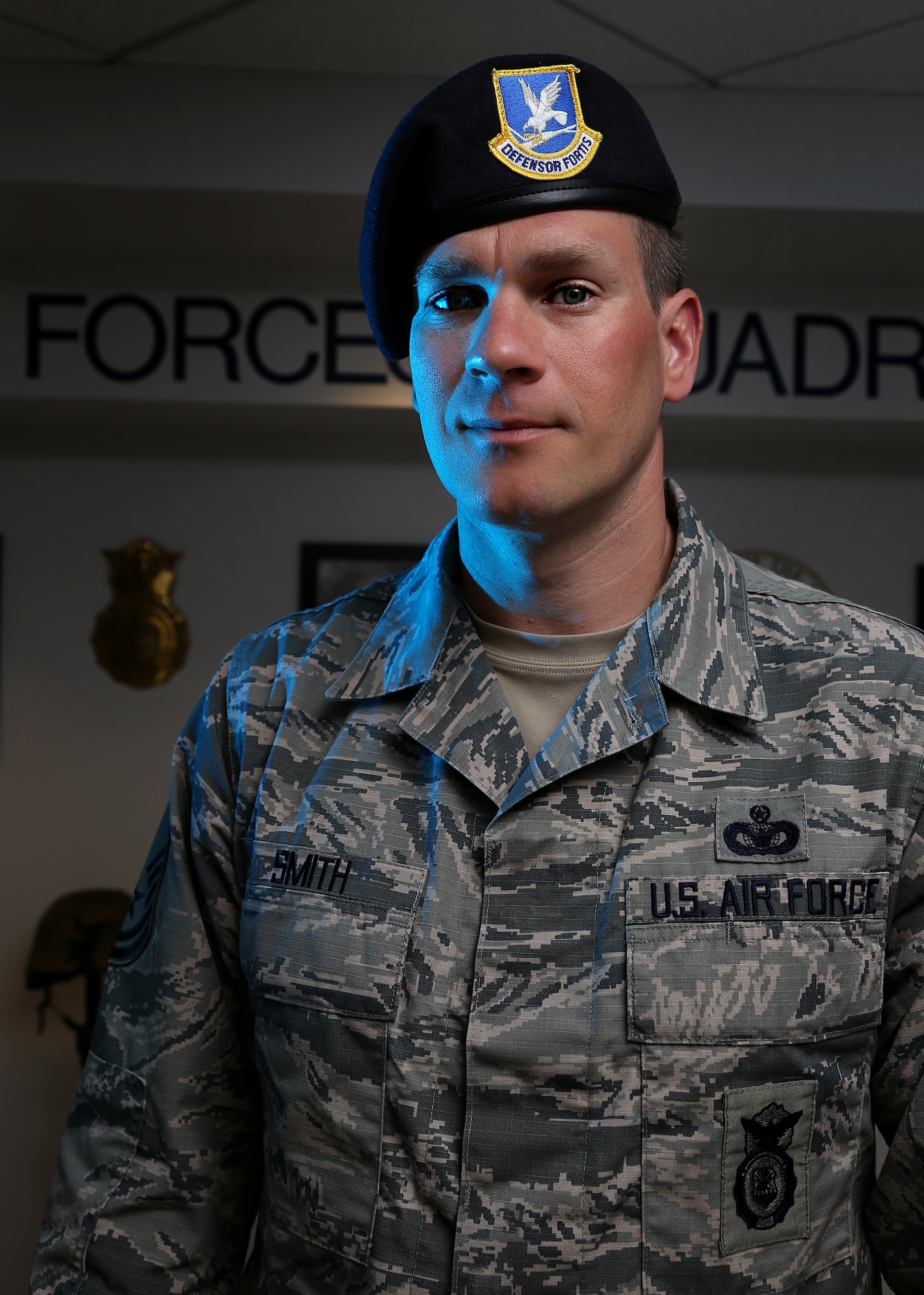 Master Sgt. Matthew A. Smith, the standards and evaluations program manager assigned to the 157th Security Forces Squadron,  poses for a portrait on May 30, 2018 at Pease Air National Guard Base, N.H. In addition to his full-time role, Smith is also responsible for educating base personnel about how to respond in the event of an active shooter or terror attack. (N.H. Air National Guard photo by Staff Sgt. Kayla White)